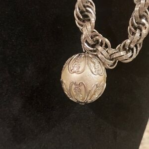 Vintage Silver Tone Braided Chain Bracelet with Ornate Charm 8”